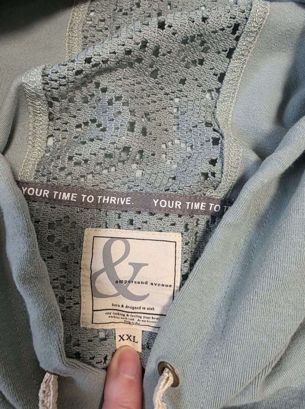 AMPERSAND AVE Sage Green Crochet-Back Hoodie Sweater